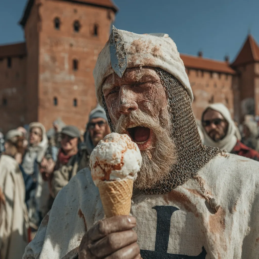 A battle-worn knight, clad in soiled white armor and a chainmail coif, stands before a medieval castle. His face is smeared with dirt, yet he enjoys an ice cream cone with evident relish.  A crowd of onlookers in period clothing forms a blurry background, adding to the anachronistic scene. The juxtaposition of the gritty warrior and the sweet treat creates a humorous and unexpected image.