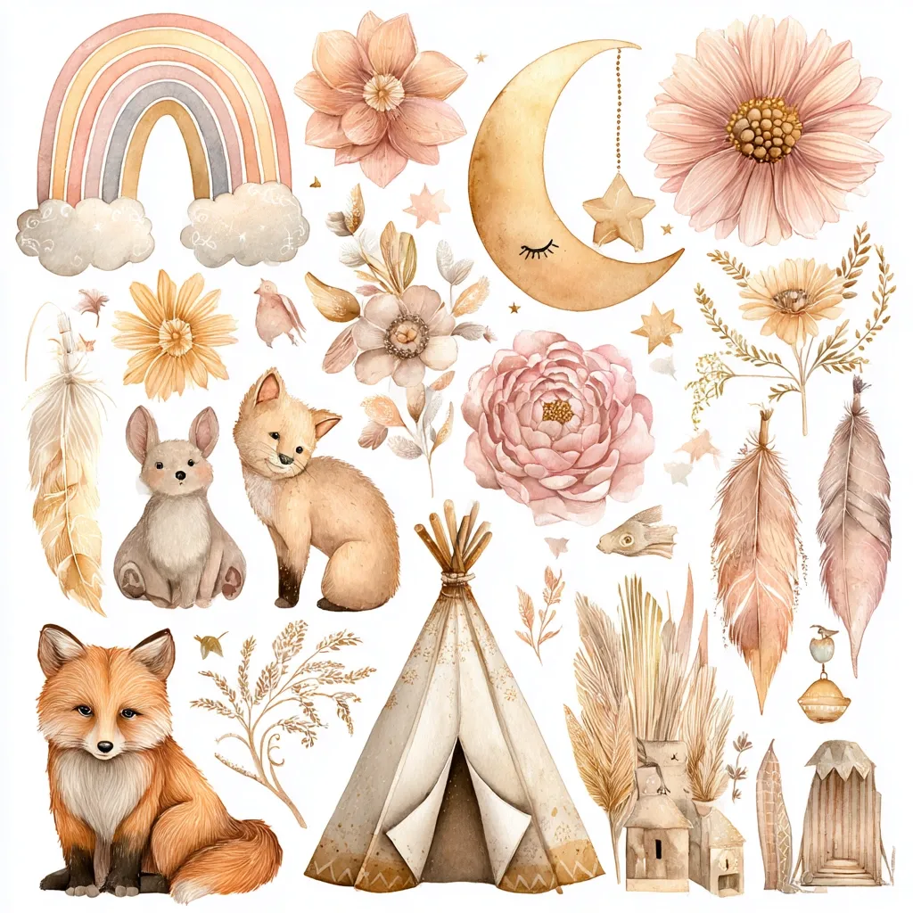 A collection of whimsical watercolor illustrations in muted earth tones.  Features include foxes, a teepee, a crescent moon, rainbow, various flowers, feathers, and other bohemian-style elements. The style is charming and perfect for nursery decor or children's products.  The overall aesthetic is soft, calming, and subtly whimsical.