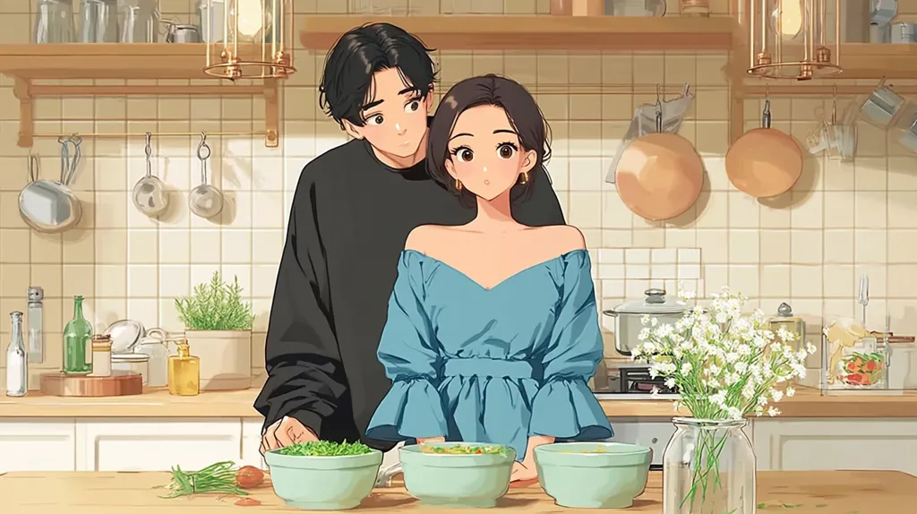 An anime-style illustration depicts a young couple in a cozy kitchen. The woman, in a light blue off-the-shoulder dress, stands beside a man in a black shirt. They appear to be preparing a meal, with bowls of food on the counter between them.  A vase of white flowers adds to the warm, domestic scene.  The kitchen is bright and features light-colored cabinets and tiled walls.