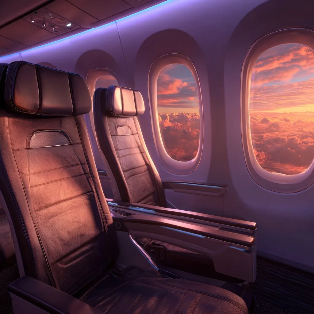 Two empty airplane seats are positioned next to oval-shaped windows offering a breathtaking view of a sunset over a fluffy cloud layer. The seats are upholstered in a rich, dark brown leather, and the cabin is illuminated with soft, purple ambient lighting.  The overall atmosphere evokes a sense of calm and luxurious air travel.