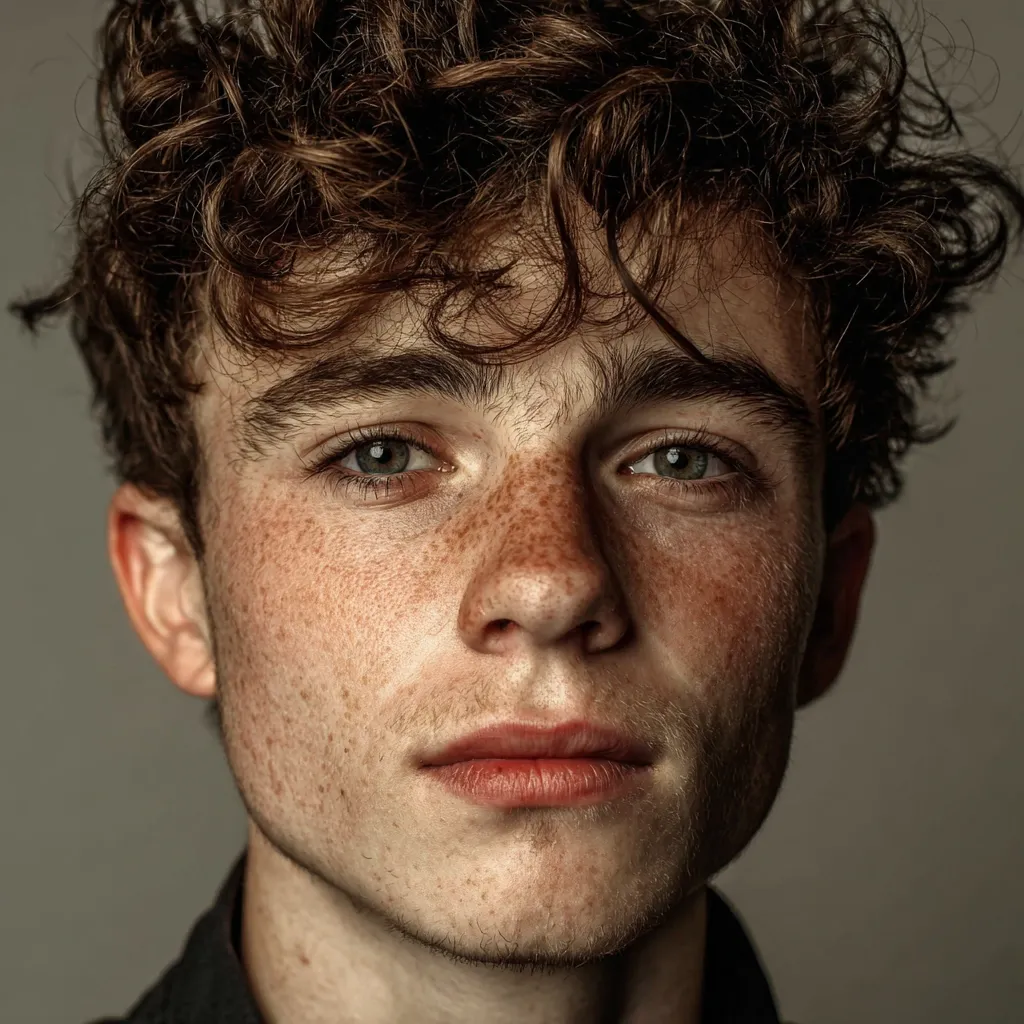 Close-up portrait of a young man with curly brown hair and numerous freckles across his face.  His expression is serious and contemplative, his gaze directed straight ahead.  He has light green eyes and a strong jawline.  The background is a muted, neutral tone, drawing focus to the subject's detailed features.