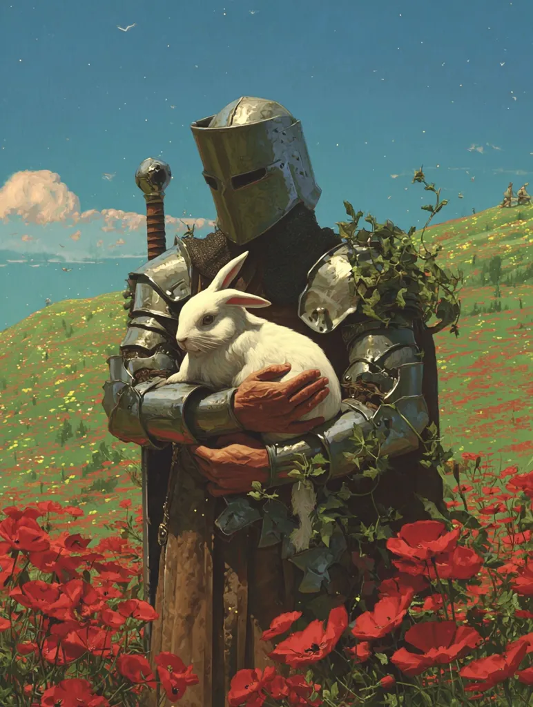 A knight in full plate armor, a sword at his side, gently cradles a white rabbit.  He stands amidst a vibrant field of red poppies under a clear blue sky. The scene evokes a sense of gentle contrast: the hardness of the armor against the soft vulnerability of the rabbit, the warrior's strength juxtaposed with a peaceful, idyllic landscape.  A hint of distant coastline is visible in the background.