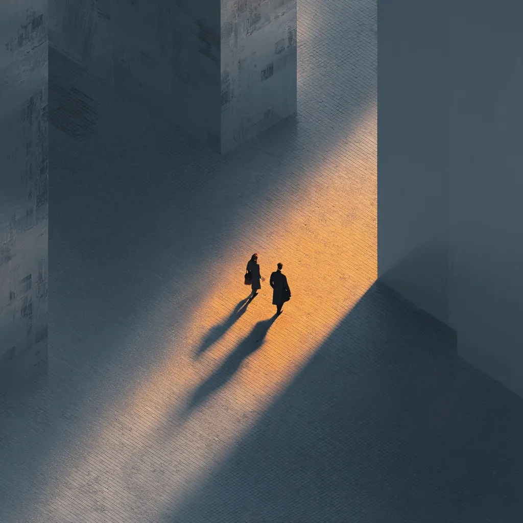 An aerial view shows two silhouetted figures, a man and a woman, walking towards each other in a sunlit, geometric urban space.  Tall, grey concrete structures form a stark backdrop, casting long shadows on the paved ground. The scene evokes a feeling of isolation and contemplation within a modern, minimalist environment.  The warm sunlight highlights the figures and their path, creating a dramatic contrast with the cool tones of the architecture.