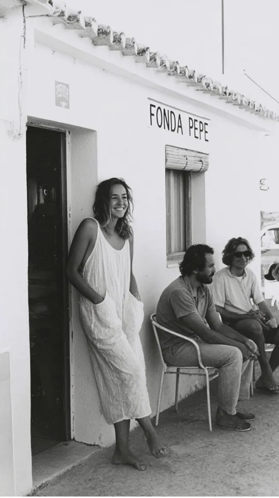 A black and white photograph shows a woman in a long white dress leaning against a building labeled "Fonda Pepe."  She smiles, barefoot, hands in pockets. Two men sit on chairs nearby, appearing relaxed. The scene is simple, possibly a roadside eatery or guesthouse, conveying a sense of casualness and tranquility. The overall mood is peaceful and slightly nostalgic.