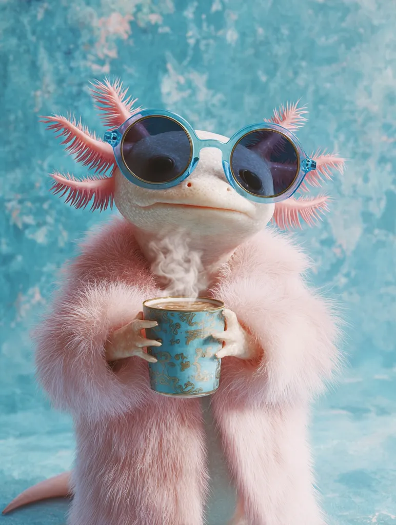 A whimsical axolotl, sporting pink fur and stylish round sunglasses, cozily holds a steaming cup of coffee. The axolotl's delicate features and feathery gills are accentuated against a serene, light blue backdrop.  The overall image evokes a feeling of sophisticated charm and gentle warmth.