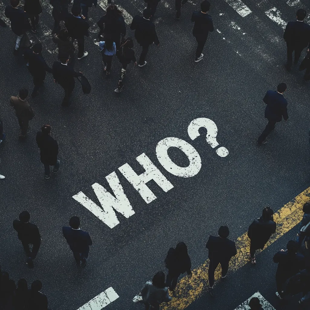 An aerial view shows numerous pedestrians crossing a street where the word "WHO?" is painted in large, white letters.  The individuals, dressed in business attire, appear anonymous and blend into the urban scene. The image suggests a question of identity within a bustling crowd, emphasizing the anonymity of modern urban life.