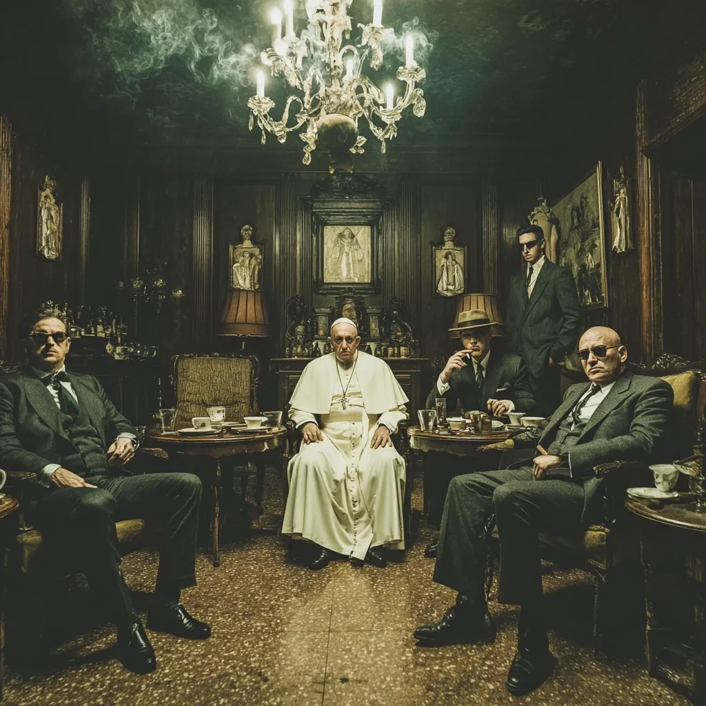 A dramatic scene unfolds in a dimly lit, opulent room. Pope Francis sits centrally in white papal robes, flanked by four sharply dressed men in dark suits.  The atmosphere is tense, suggestive of a clandestine meeting.  Religious iconography and a large chandelier contribute to the mood, creating a visually striking contrast between the sacred and the secular.  The image evokes a sense of power and intrigue.