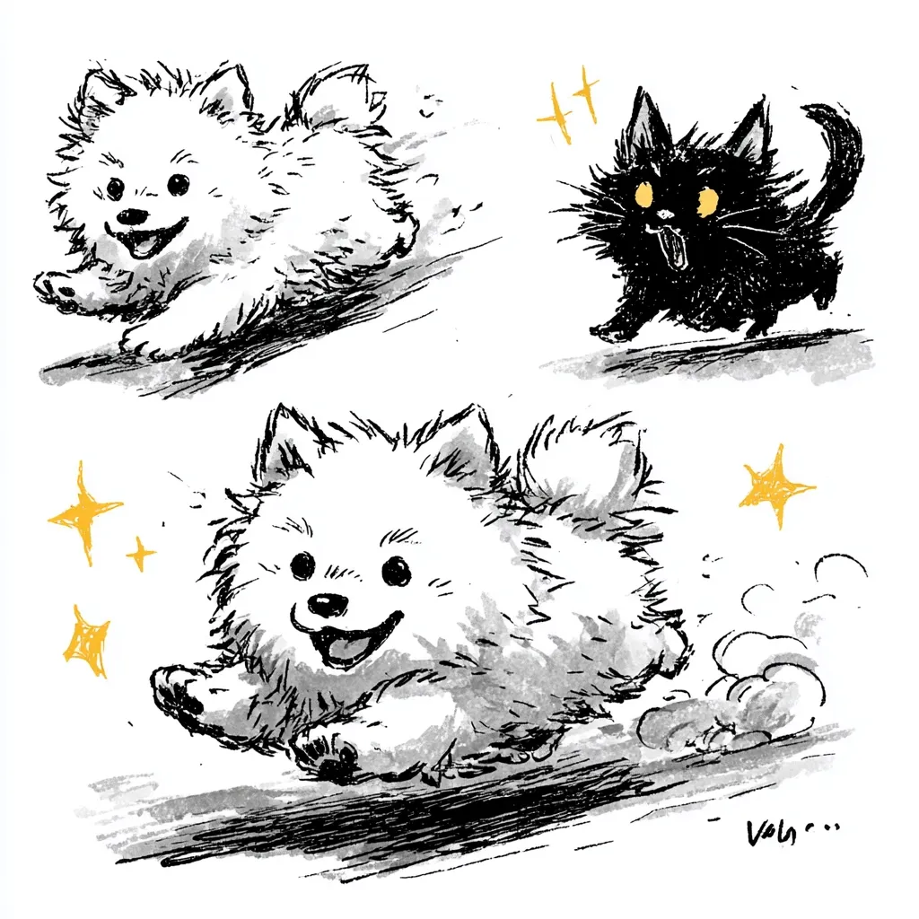 The illustration features three charming creatures. Two fluffy white Pomeranian puppies are depicted running, one with a motion blur effect, suggesting speed.  A small black cat with glowing yellow eyes adds a contrasting element, seemingly observing the playful dogs.  The style is sketchy and whimsical, with added sparkles enhancing the playful mood.