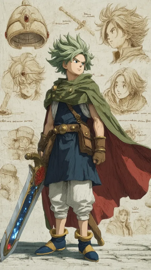 A stylized illustration showcases a young male protagonist, central to the image, wielding a large sword. He's dressed in medieval-inspired attire: a tunic, cape, and boots.  Surrounding him are various sketches, including alternative hairstyles, headgear, and weapon designs, hinting at character development or concept art. The overall aesthetic blends fantasy and vintage design elements.