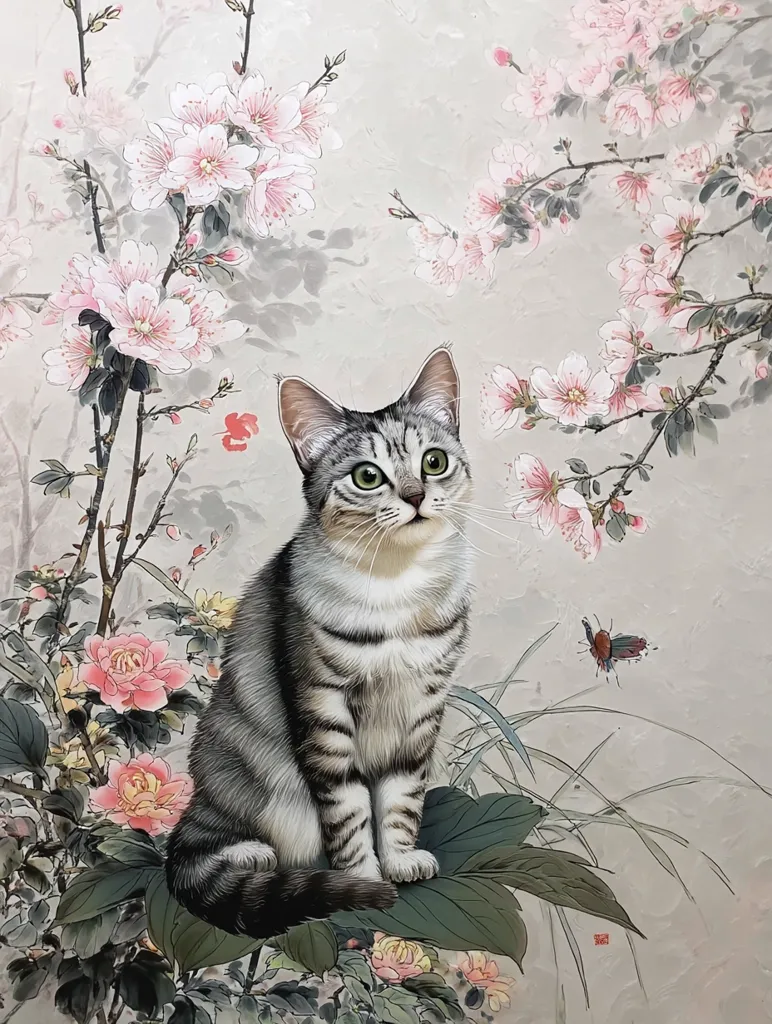 A grey tabby cat sits serenely amidst a delicate watercolor painting of blossoming pink flowers and lush green foliage.  The artistic style evokes a sense of tranquility and blends the cat seamlessly into the natural scene. A small butterfly adds a touch of whimsy to the composition, creating a harmonious and peaceful image. The background is a soft, muted grey.