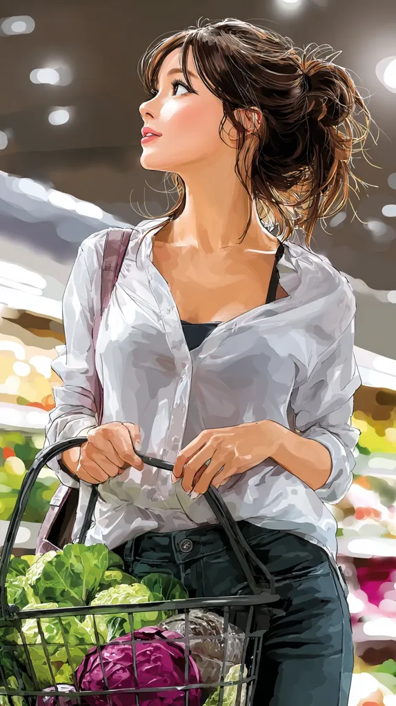 A stylized illustration depicts a young woman with shoulder-length brown hair pulled back in a loose bun.  She's wearing a loose, light gray, open button-down shirt over a dark top and dark jeans. She holds a shopping basket filled with fresh vegetables, including lettuce and a red cabbage. The setting appears to be a brightly lit grocery store. Her gaze is directed upwards, suggesting contemplation or a thoughtful mood. The style is reminiscent of anime or manga art.