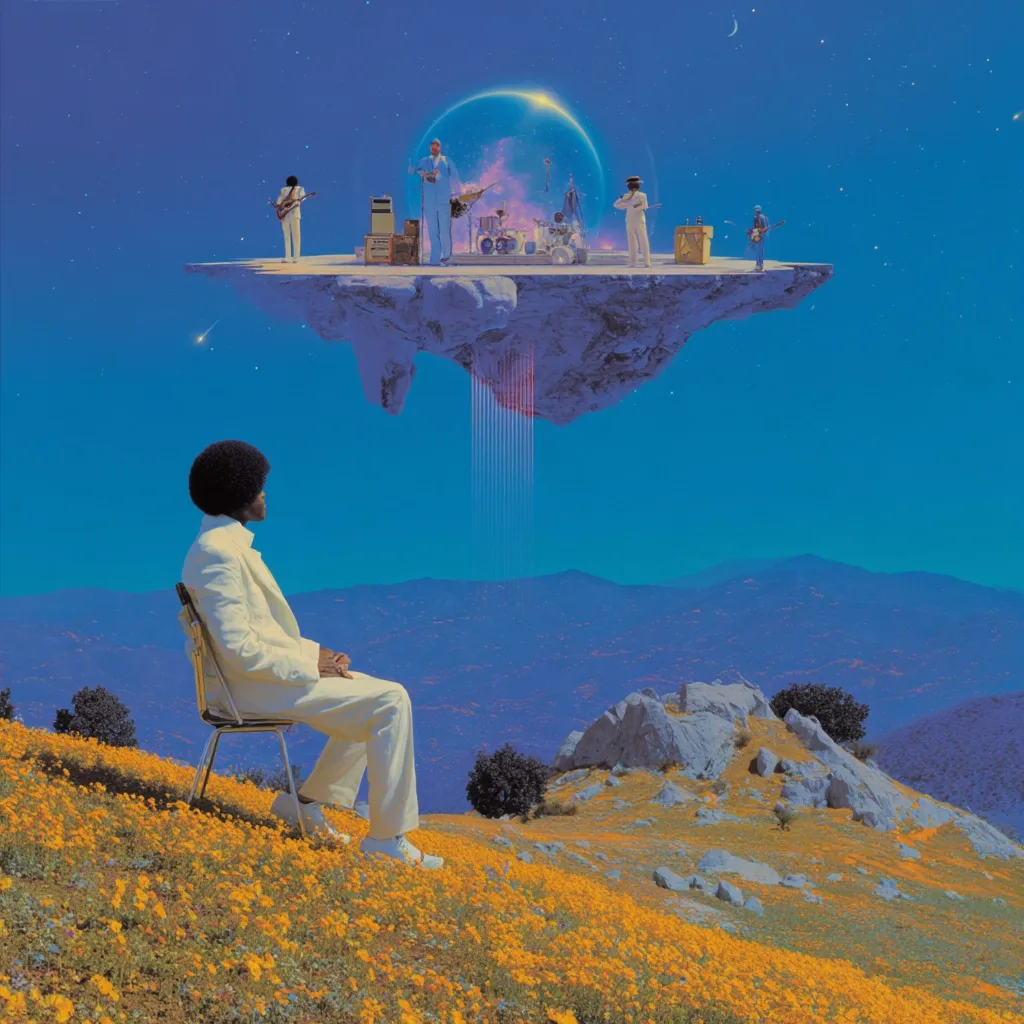 A man in a white suit sits on a chair overlooking a field of yellow flowers.  In the distance, a floating island containing a band playing within a translucent sphere hangs in the sky.  The scene is surreal and dreamlike, set against a vibrant blue sky and distant mountains.  The overall mood is peaceful and contemplative.