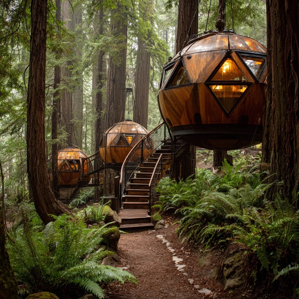 Three spherical treehouses hang from redwood trees in a lush forest.  A winding wooden staircase leads to the largest treehouse, which is illuminated from within.  The smaller treehouses are visible in the background, creating a secluded and enchanting escape amongst the towering trees and ferns.  The path is softly lit, creating a mystical ambiance.