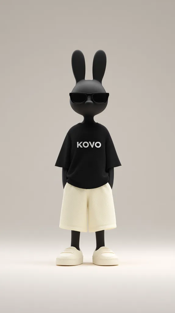 A black rabbit character, wearing sunglasses, a black t-shirt with "KOVO" written on it, and cream-colored shorts and shoes, stands against a light gray background.  The character is stylized and three-dimensional, appearing as a digital rendering or animation. The overall aesthetic is minimalist and modern.