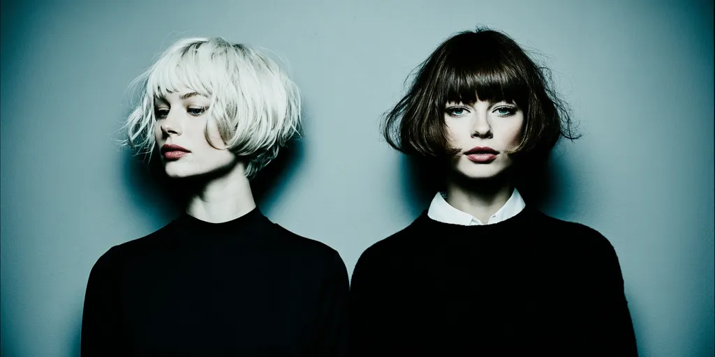 Two women with short, blunt bobs stand side by side against a muted teal backdrop.  One woman's hair is platinum blonde, the other's is dark brown. Both wear simple black turtlenecks, creating a stark, minimalist portrait.  The image's monochromatic palette and symmetrical composition emphasize their similar yet distinct appearances.