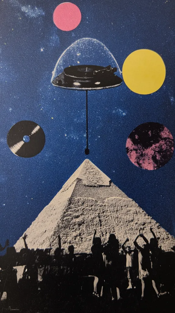 A surreal collage depicts a record player suspended in a UFO over a pyramid.  Colored circles, resembling planets, float around the scene.  Silhouetted figures raise their arms in celebration at the base of the pyramid under a starry night sky. The artwork blends science fiction, ancient Egypt, and music in a vibrant, dreamlike composition.