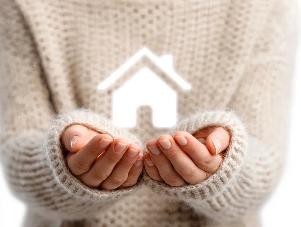 A person wearing a beige knit sweater holds their hands out, palms up, as if offering or receiving something.  A white outline of a house is subtly superimposed above their hands. The image suggests concepts of homeownership, shelter, or the desire for a home. The soft lighting and warm colors create a comforting and inviting atmosphere.