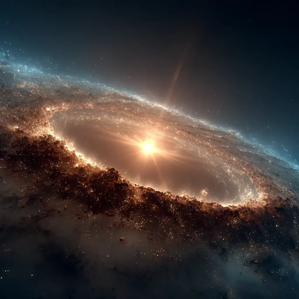A breathtaking cosmic scene unfolds, showcasing a ring-shaped galaxy with a vibrant, luminous core.  The galaxy's spiral arms, teeming with countless stars, create a stunning halo around a brilliant central star.  The image blends warm, golden hues from the star's light with cooler blues and blacks of deep space, creating a dramatic contrast and a sense of immense scale and wonder.  Dusty, dark regions punctuate the bright stellar formations, adding depth and texture to the scene.