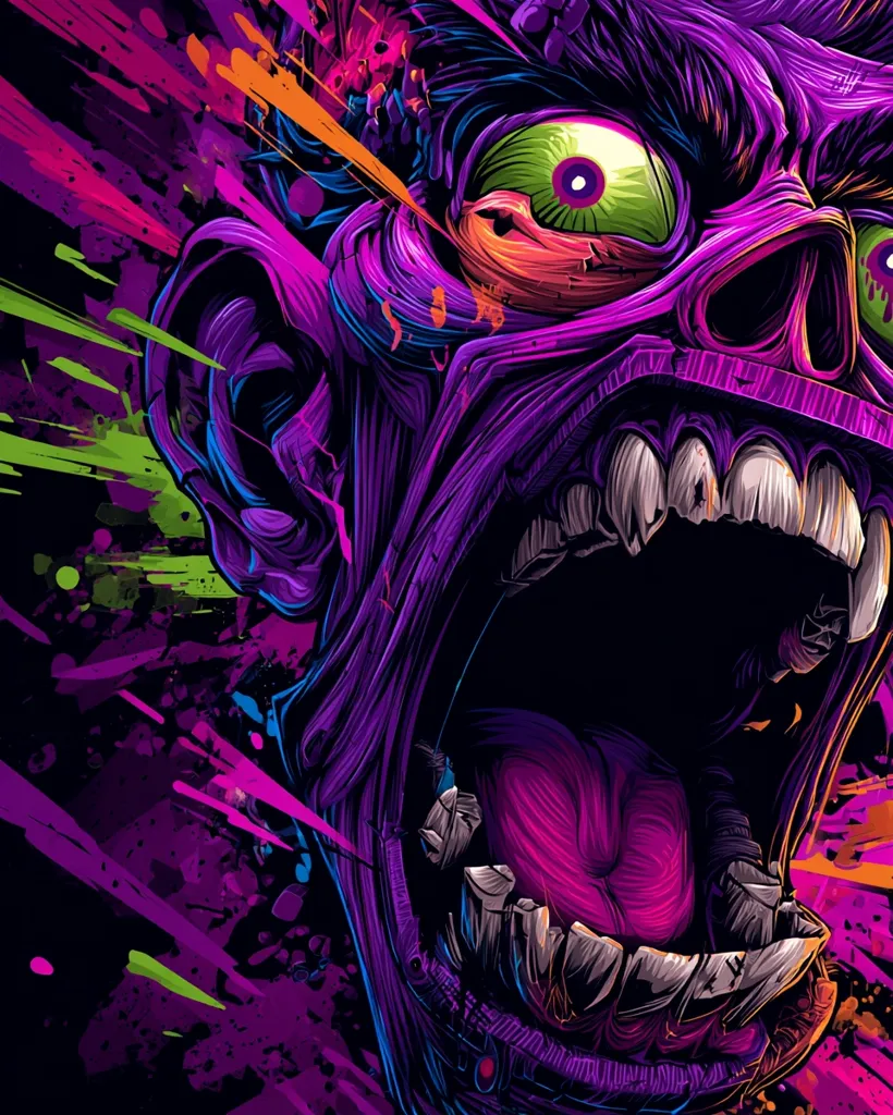 A vibrant, stylized illustration depicts a monstrous face, its mouth agape in a ferocious roar.  The creature's skin is a deep purple, textured with wrinkles and shadowed crevices.  Bright green eyes and a fuchsia tongue contrast with the dark palette.  Surrounding the face is a chaotic spray of neon pink, purple, orange, and green paint splatters, adding to the dynamic and aggressive feel of the artwork.