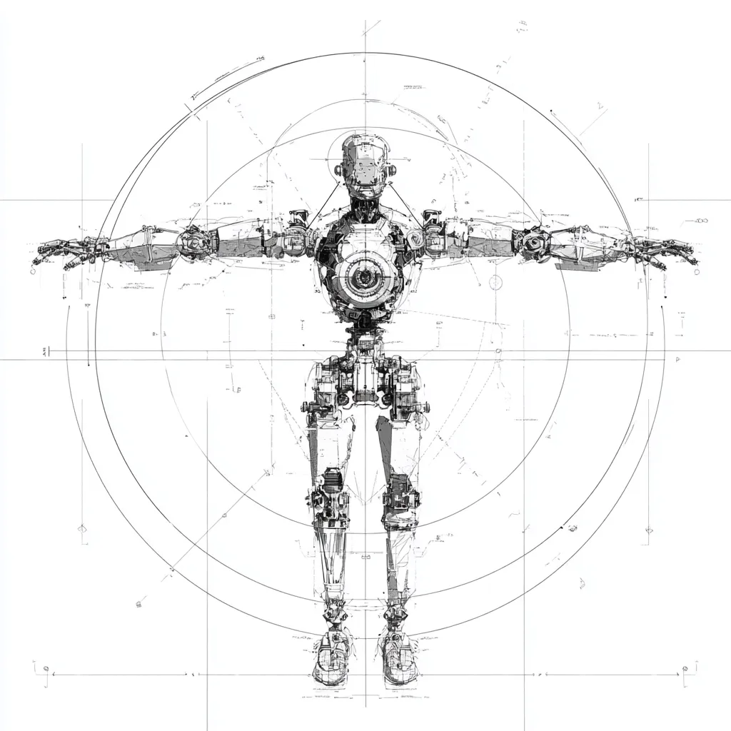 A detailed, stylized blueprint of a humanoid robot is depicted.  The robot stands with arms outstretched, its mechanical structure meticulously drawn within concentric circles and grid lines. The image resembles an engineering schematic, emphasizing the robot's intricate design and suggesting a technological process of creation.  The grayscale palette enhances the technical aesthetic.