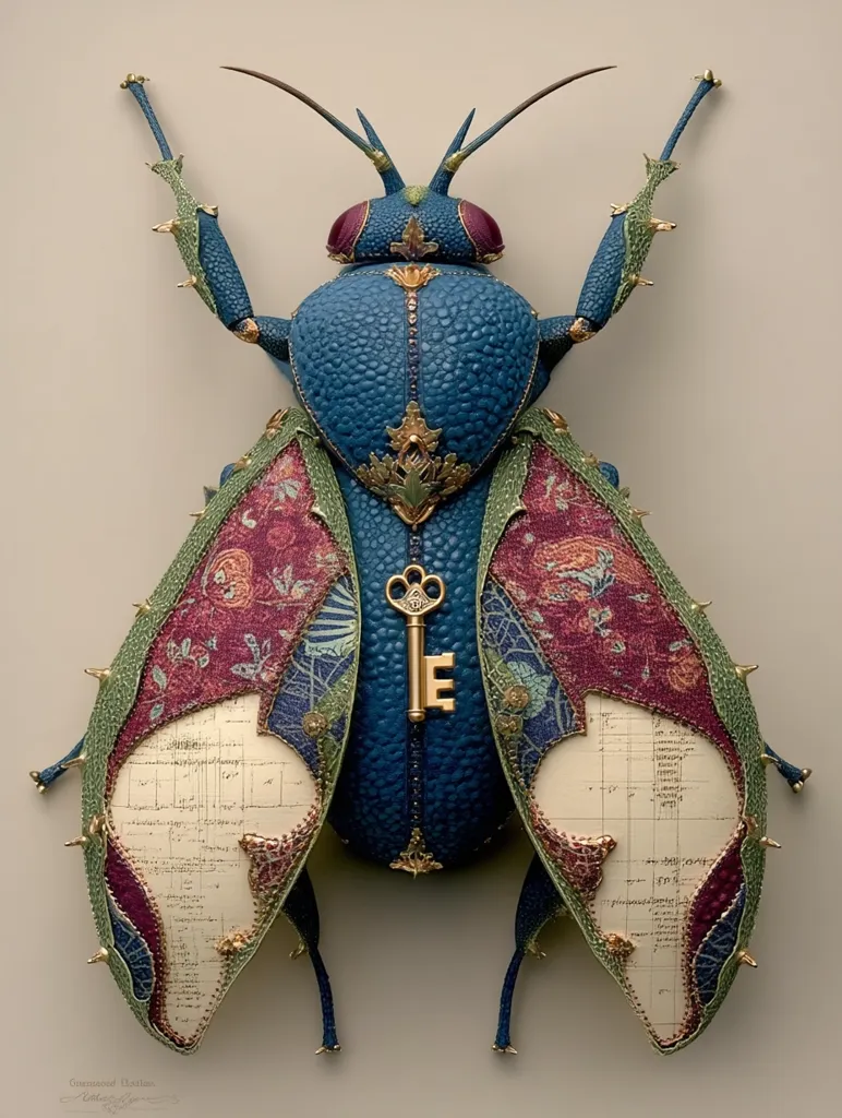 A meticulously crafted insect sculpture, predominantly teal and adorned with gold accents, is presented.  Its wings display patterned fabric, overlaid with antique-looking maps or musical scores.  Spikes and intricate detailing add to its fantastical, almost steampunk aesthetic.  A golden key is centrally placed, enhancing the piece's surreal, ornate character. The artwork blends natural forms with a rich decorative style.