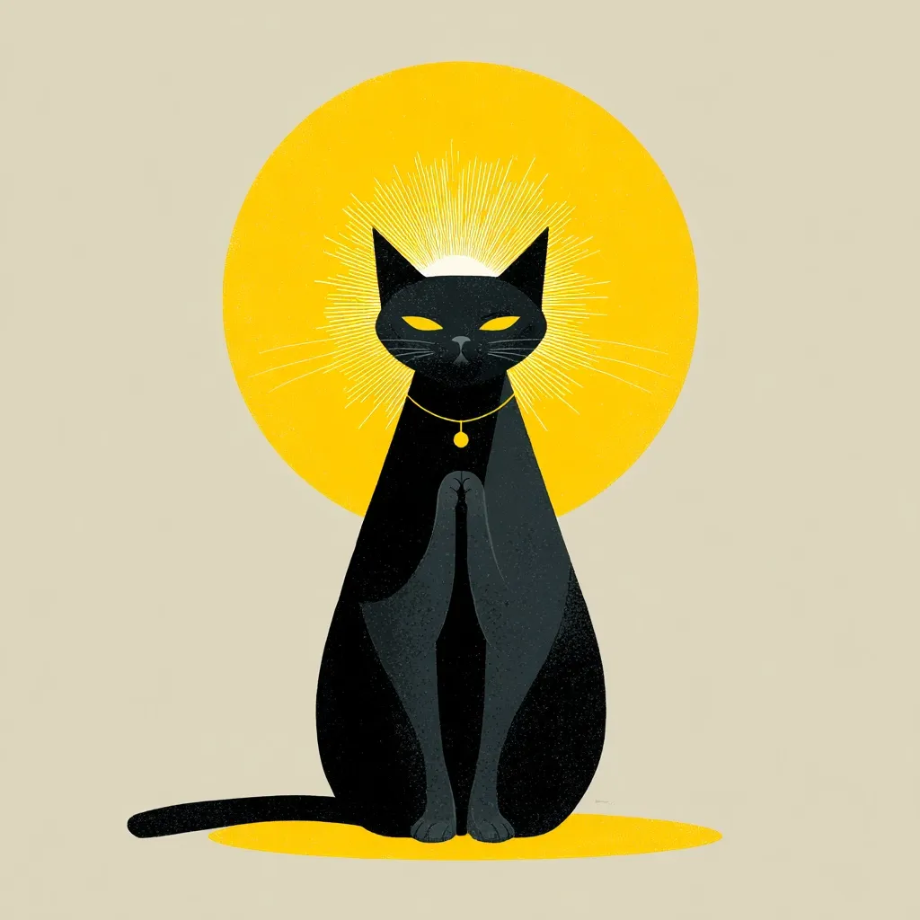 A stylized illustration depicts a black cat seated with its paws pressed together, resembling a prayer position.  A golden halo emanates from behind its head, set against a bright yellow sun. The cat wears a simple gold necklace, adding to its regal and serene demeanor. The overall style is minimalist and flat, with a muted beige background emphasizing the bold colors of the cat and sun.