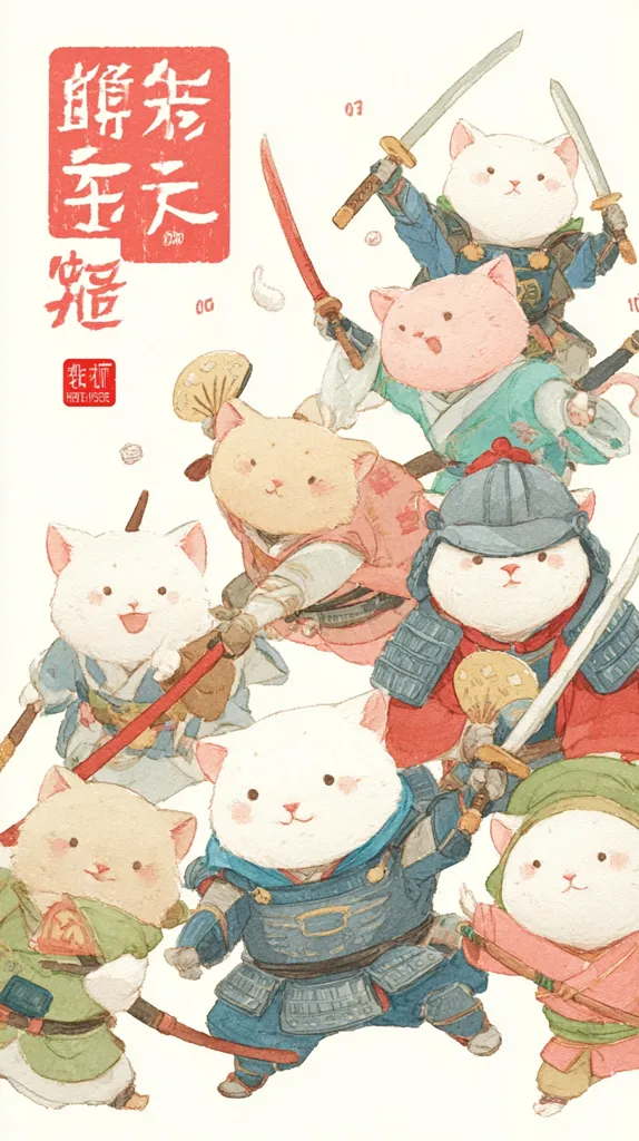 An illustration features adorable anthropomorphic cats dressed in samurai attire.  They wield swords and fans, showcasing a playful blend of Japanese warrior aesthetics and cute animal characters.  The cats are rendered in soft, pastel colors with watercolor-like textures, creating a charming and whimsical scene.  The overall style is lighthearted and appeals to a wide audience.