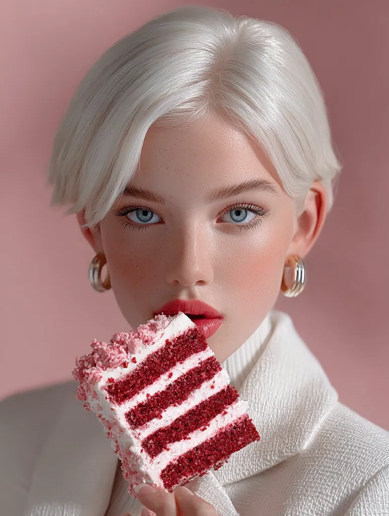 A beautiful young woman with pale skin, freckles, and striking blue eyes is the focus of this portrait. She has short, platinum blonde hair styled in a sleek, modern cut and is wearing gold hoop earrings. The woman holds a large slice of red velvet cake with white frosting and sprinkles close to her mouth, ready to take a bite. Her lips are painted a matching red. She's dressed in a white turtleneck sweater and a white jacket with a textured fabric. The background is a soft, solid pink, enhancing the overall aesthetic.