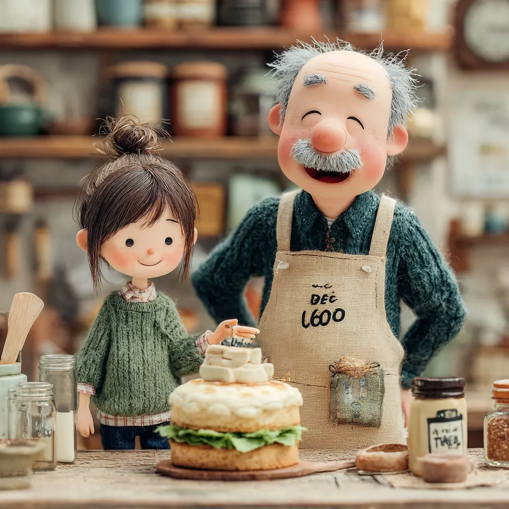 A charming illustration features a smiling grandfather figure wearing a beige apron with "DEC 1600" embroidered on it, standing beside a girl with a bun.  They are in a cozy kitchen setting, with jars and containers visible on shelves in the background.  The girl is delicately placing tofu cubes on top of a layered bun, creating a delicious-looking snack. The scene is warm and inviting, capturing a sweet moment between grandparent and grandchild.