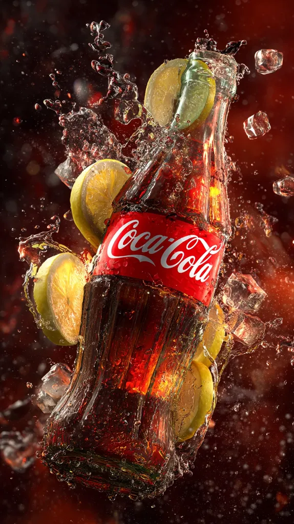 A Coca-Cola bottle is submerged in a splash of liquid, surrounded by ice cubes and lemon slices.  The vibrant red Coca-Cola label is clearly visible against the dark background.  The scene is dynamic, suggesting refreshment and effervescence.  Water droplets and splashes add to the visual excitement.  The overall effect is a striking, high-energy image.
