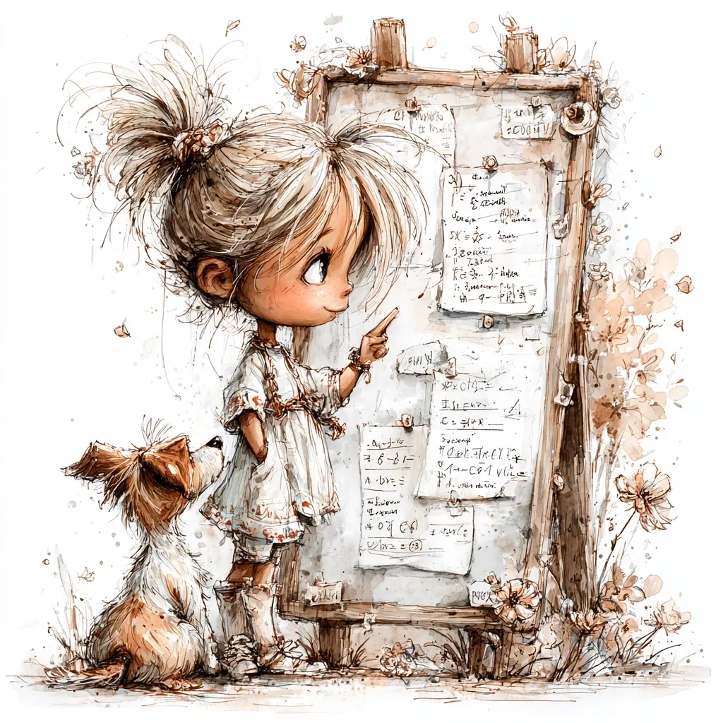 A whimsical illustration depicts a cute, large-eyed girl with blonde hair in a ponytail, pointing at a chalkboard filled with equations and notes.  Beside her sits a small, fluffy dog. The scene is rendered in soft sepia tones with watercolor textures, evoking a charming, childlike atmosphere.  Flowers and loose brushstrokes add to the dreamy, artistic quality.