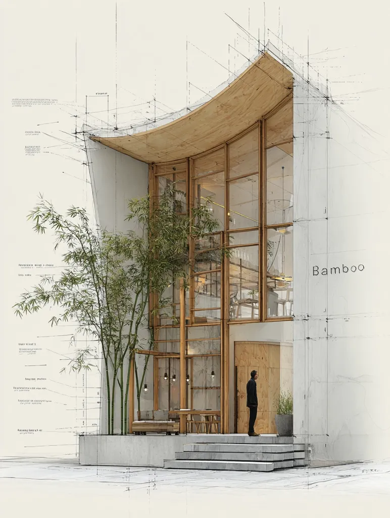 An architectural rendering showcases a modern building with a curved wooden roof and expansive glass windows.  Bamboo plants flank the entrance, complementing the building's minimalist design.  A man stands before the building, providing a sense of scale.  Sketch lines overlay the image, suggesting a design process, with the word "Bamboo" prominently displayed. The overall aesthetic is clean, serene, and incorporates natural elements.