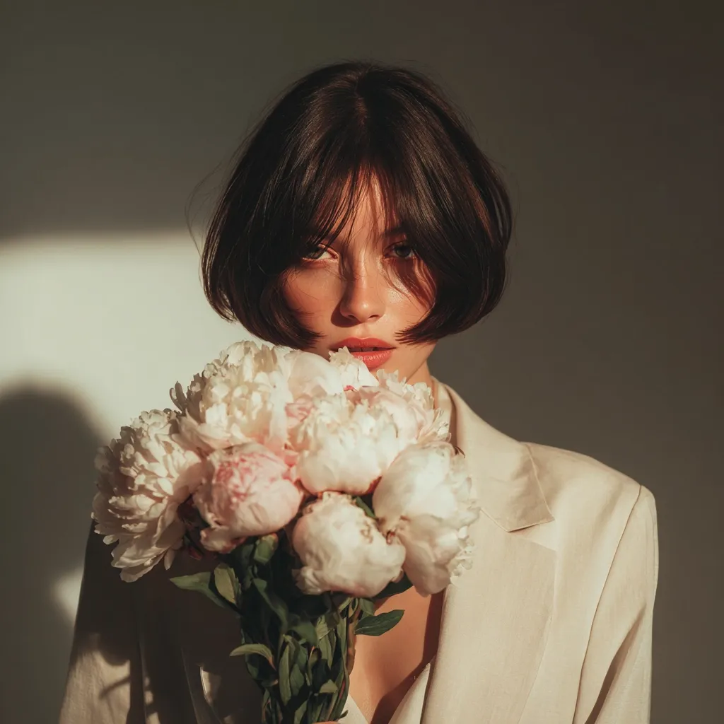 A young woman with a blunt bob haircut holds a large bouquet of pale pink peonies in front of her face.  She's wearing a light beige blazer, and sunlight casts a shadow on the wall behind her.  Her expression is serious and her gaze is directed at the viewer. The overall aesthetic is soft, elegant, and subtly moody.