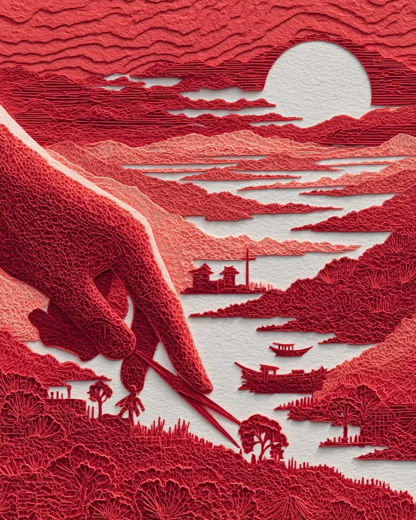 A hand delicately holds scissors, poised above a meticulously crafted paper landscape.  Rendered in shades of red, the scene depicts a serene river flowing through mountains under a large, pale sun.  Tiny figures and buildings add scale to the intricate relief, highlighting the artist's skill in creating depth and texture through paper cutting. The overall effect is one of both fragility and immense detail.