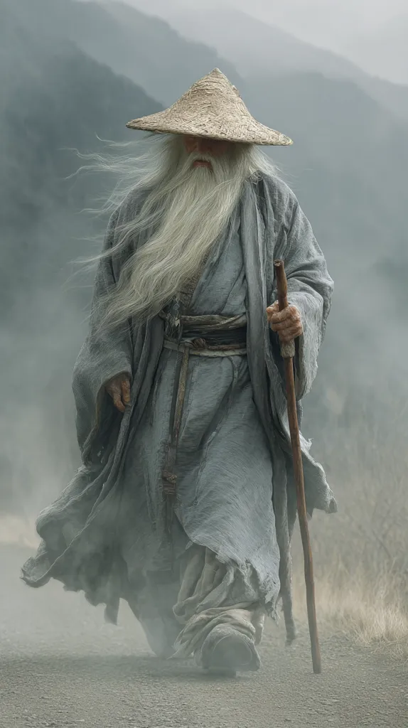 An elderly, long-bearded man with flowing white hair walks down a dusty road. He wears a gray robe, a wide-brimmed straw hat, and carries a wooden staff.  A misty atmosphere surrounds him, creating an ethereal, almost mystical, image against a backdrop of muted mountains.  The scene evokes a sense of journey and solitude.