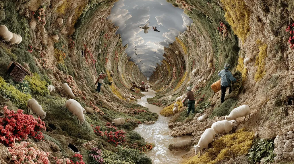 A surreal, verdant tunnel curves upwards towards a bright sky.  The walls are densely covered in flowering plants and hay, with sheep grazing peacefully along the banks of a meandering stream.  Small figures of farmers work amongst the flora and fauna, adding a sense of scale to this fantastical landscape. Birds fly overhead, completing the dreamlike atmosphere of this whimsical scene.