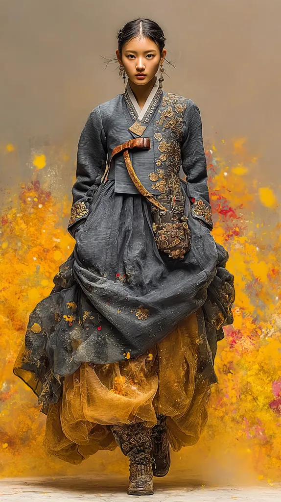 A young woman, poised and elegant, is captured in a striking portrait.  She is adorned in a meticulously crafted grey Hanbok, a traditional Korean dress, embellished with gold embroidery.  The Hanbok's flowing skirt reveals an inner layer of golden fabric.  Intricate gold detailing decorates the bodice and accessories, contrasting beautifully against the dark grey.  She wears ornate boots and earrings.  The background is a vibrant, abstract splash of yellow and orange, adding a dramatic flair to the image.