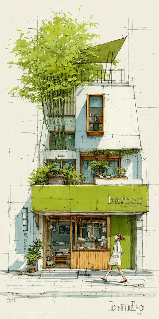 A watercolor illustration depicts a two-story building, "Bambou," with a green awning. Lush bamboo and potted plants adorn the building's exterior. A woman strolls past, adding a sense of daily life.  The architectural sketch-like lines suggest a design process, while the vibrant greens and muted tones create a serene atmosphere. The overall style is detailed and evocative.