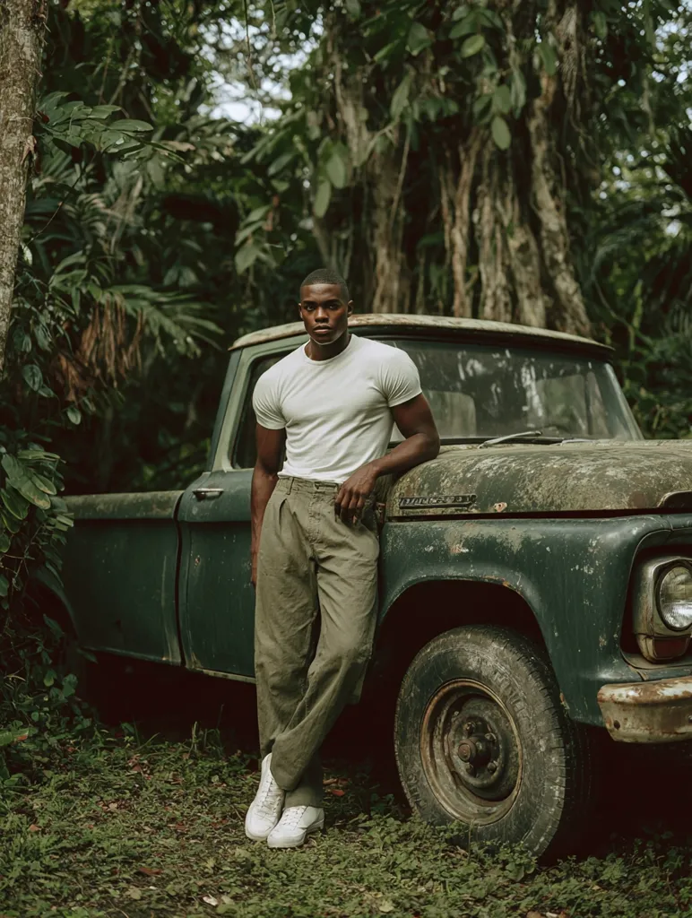 A dark-skinned man in a white t-shirt and olive green pants leans against a weathered, dark green vintage pickup truck.  He's wearing white sneakers and looks directly at the camera. The truck is parked in a lush, verdant tropical setting, surrounded by dense foliage. The overall mood is calm and contemplative.