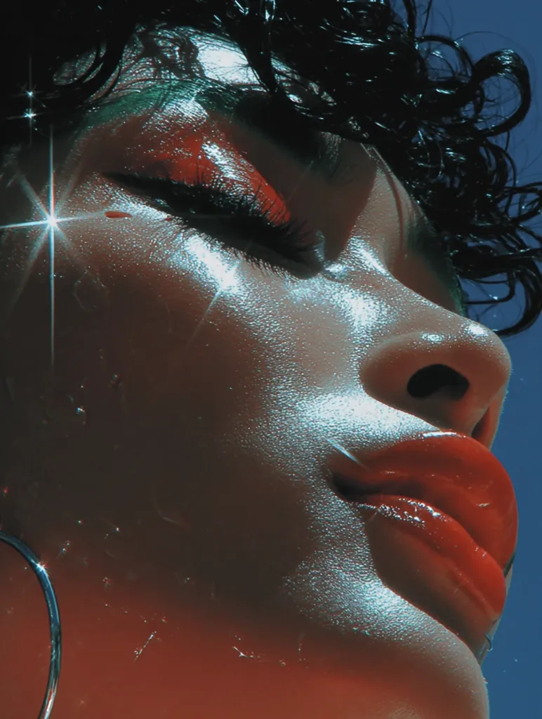 Close-up of a woman's face, bathed in sunlight.  Her dark, curly hair frames her face, which is glistening with sweat or oil.  She wears vibrant orange-red lipstick and noticeable eye makeup.  A large silver hoop earring is partially visible.  The overall aesthetic is glossy and stylized, with a dreamy, almost surreal quality.  The image is rich in color contrast and texture.