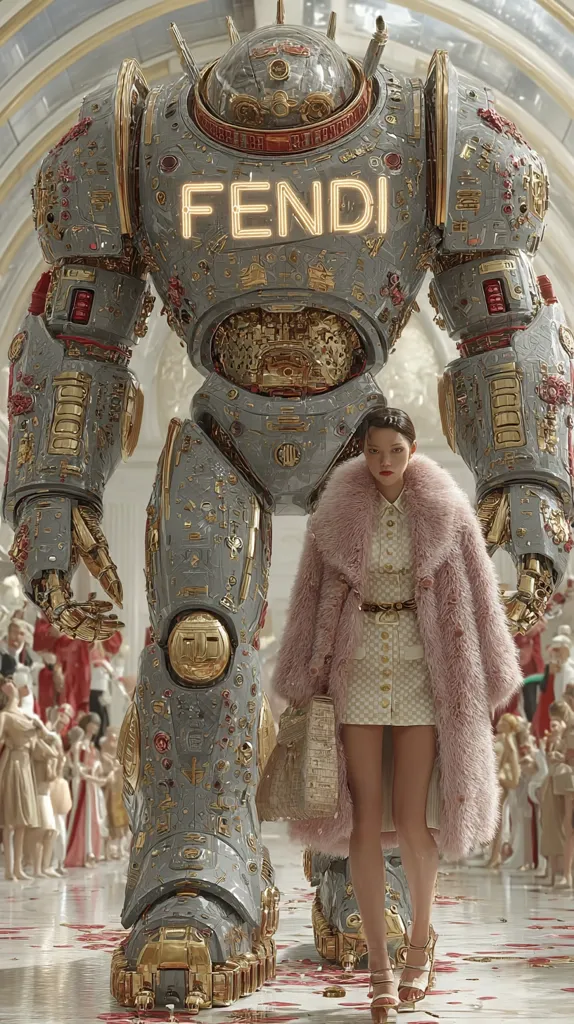 A woman in a pink fur coat and polka-dot dress stands beside a massive, ornate robot. The robot is predominantly gray and gold, with the FENDI logo prominently displayed.  The scene is set in a grand, opulent hall with miniature figures in the background. The overall aesthetic blends high fashion with futuristic robotics.  The image appears to be a promotional piece for FENDI.