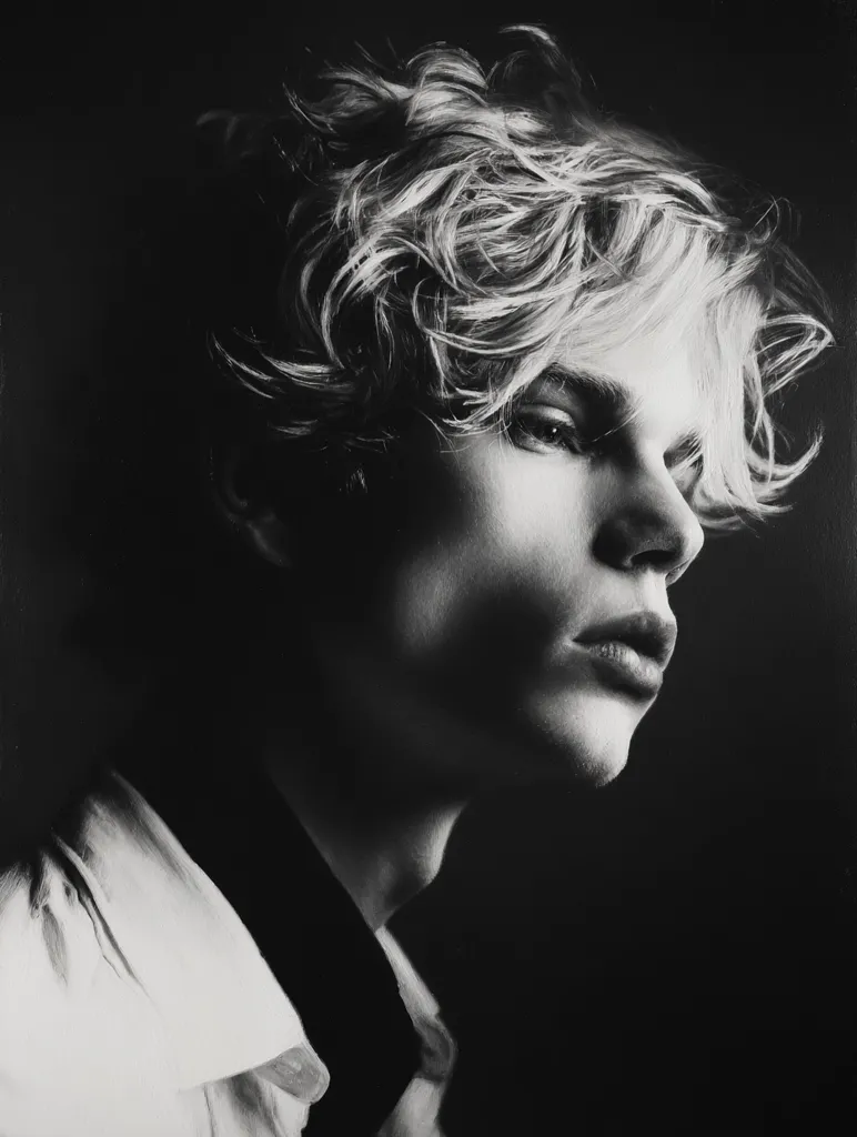 A black and white portrait captures a young man in profile, his tousled blond hair framing a thoughtful expression.  Light and shadow play across his face, emphasizing his strong features and the texture of his hair. He's dressed in a collared shirt, the fabric softly draped against his shoulders. The dark background isolates him, focusing attention on his contemplative gaze.  The image has a moody, artistic feel.