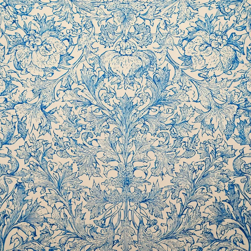 The image showcases a repeating floral pattern in shades of blue on a cream background.  Intricate, stylized leaves and flowers create a dense, symmetrical design reminiscent of Art Nouveau or William Morris styles. The pattern is highly detailed, with fine lines and delicate flourishes throughout. The overall effect is one of elegant, classic beauty.