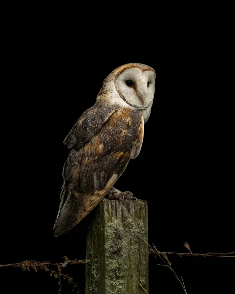 A barn owl, perched on a moss-covered wooden post against a stark black background, is the subject of this striking image.  Its mottled brown and white plumage is detailed, and its gaze is directed slightly away from the camera.  A rusty wire fence runs horizontally across the bottom, adding to the rustic, nocturnal atmosphere. The owl's posture is alert yet relaxed.