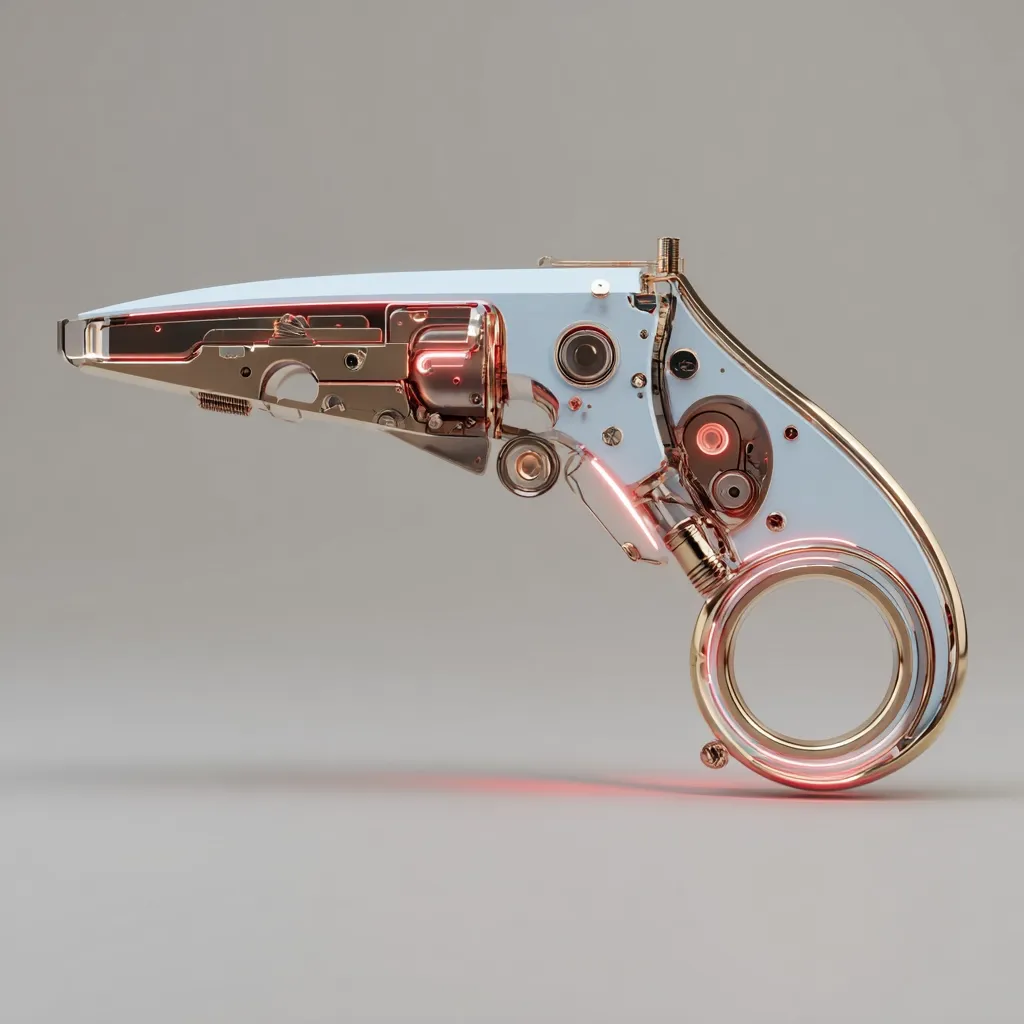 A futuristic handgun is depicted, its design a blend of sleek white casing and intricate rose gold internal mechanisms.  The internal workings are clearly visible, showcasing gears and glowing red energy conduits. The pistol's handle features a unique circular design, enhancing its modern and technologically advanced aesthetic. The weapon rests on a neutral gray background.