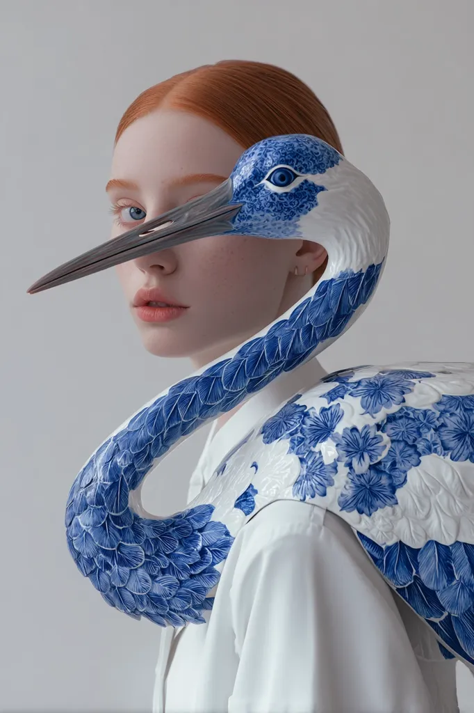 A young woman with red hair is partially obscured by a large, intricately detailed porcelain crane.  The crane, painted in a blue and white design reminiscent of Chinese porcelain, is positioned so its long neck and beak cover the woman's face. The crane's body drapes across her shoulders, creating a surreal and artistic juxtaposition of human and object. The overall aesthetic is elegant and dreamlike.