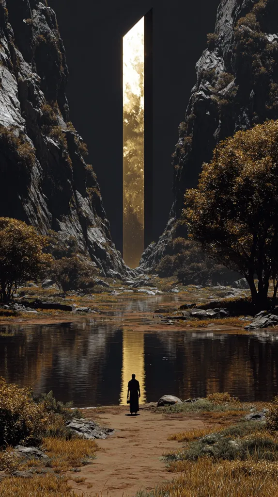 A solitary figure walks towards a luminous golden gateway nestled between towering, dark rock formations.  The path leads across a tranquil, reflective lake, surrounded by muted autumnal foliage. The scene evokes a sense of mystery and otherworldliness, suggesting a journey into the unknown or a passage to another realm.  The contrast between the dark landscape and the bright portal creates a dramatic and awe-inspiring image.