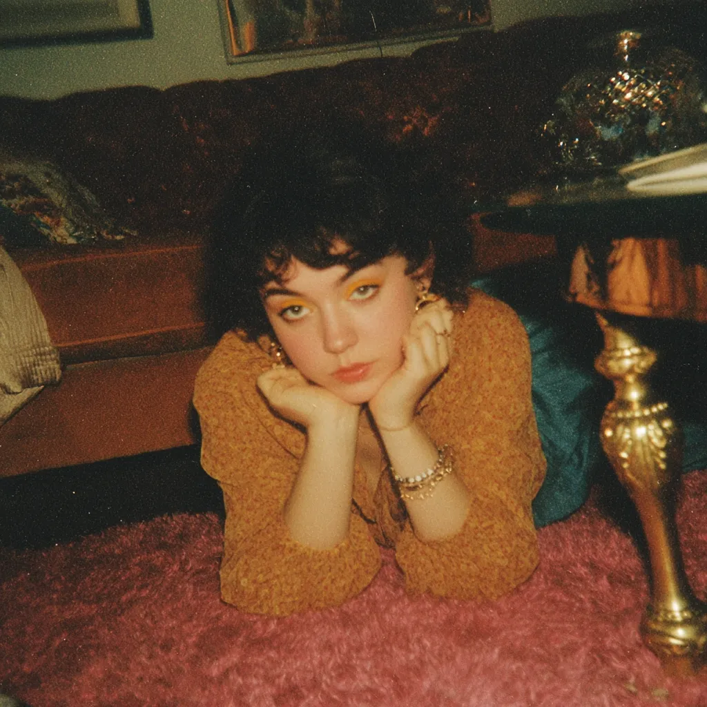 A young woman with dark, short hair lies on a pink shag carpet, her chin resting on her hands.  She wears a mustard-colored sweater and subtle gold jewelry.  The background features a brown couch and a gold-legged side table, creating a vintage, dimly lit aesthetic. The overall image evokes a nostalgic, intimate feeling.