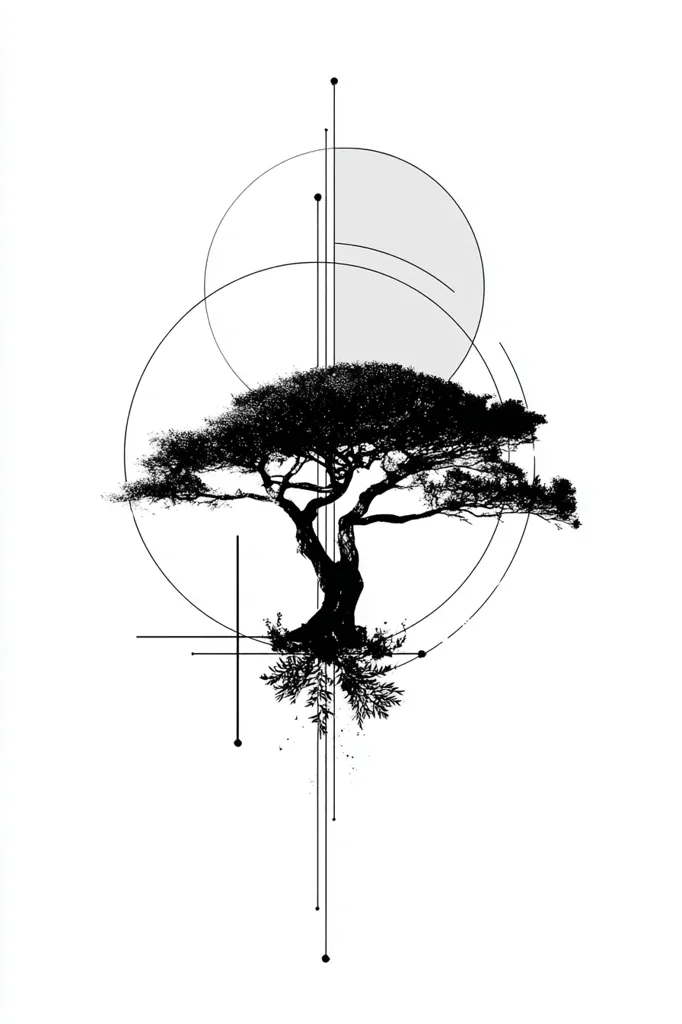 A stylized black and white illustration features a lone tree, its silhouette detailed against a backdrop of geometric shapes.  Circles and intersecting lines create a sense of balance and structure around the tree, which appears rooted and strong.  The overall aesthetic is minimalist and modern, suggesting themes of nature and geometric design.