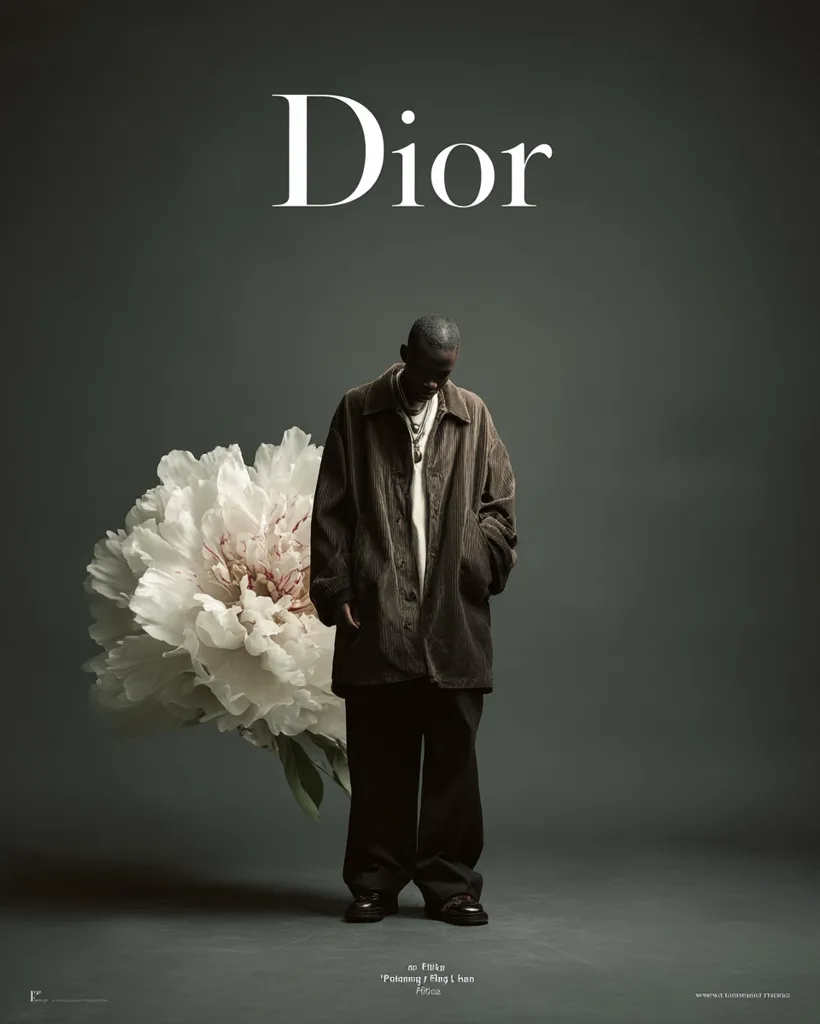 A fashion advertisement for Dior features a man in a brown corduroy coat and black trousers standing partially obscured by a large white peony.  The Dior logo is prominently displayed at the top. The image is moody and sophisticated, emphasizing the clothing's texture and the model's understated presence.  Small text at the bottom credits the photographer and stylist.